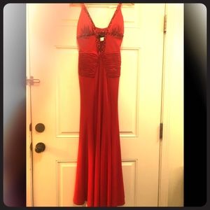 Red plunge prom dress
